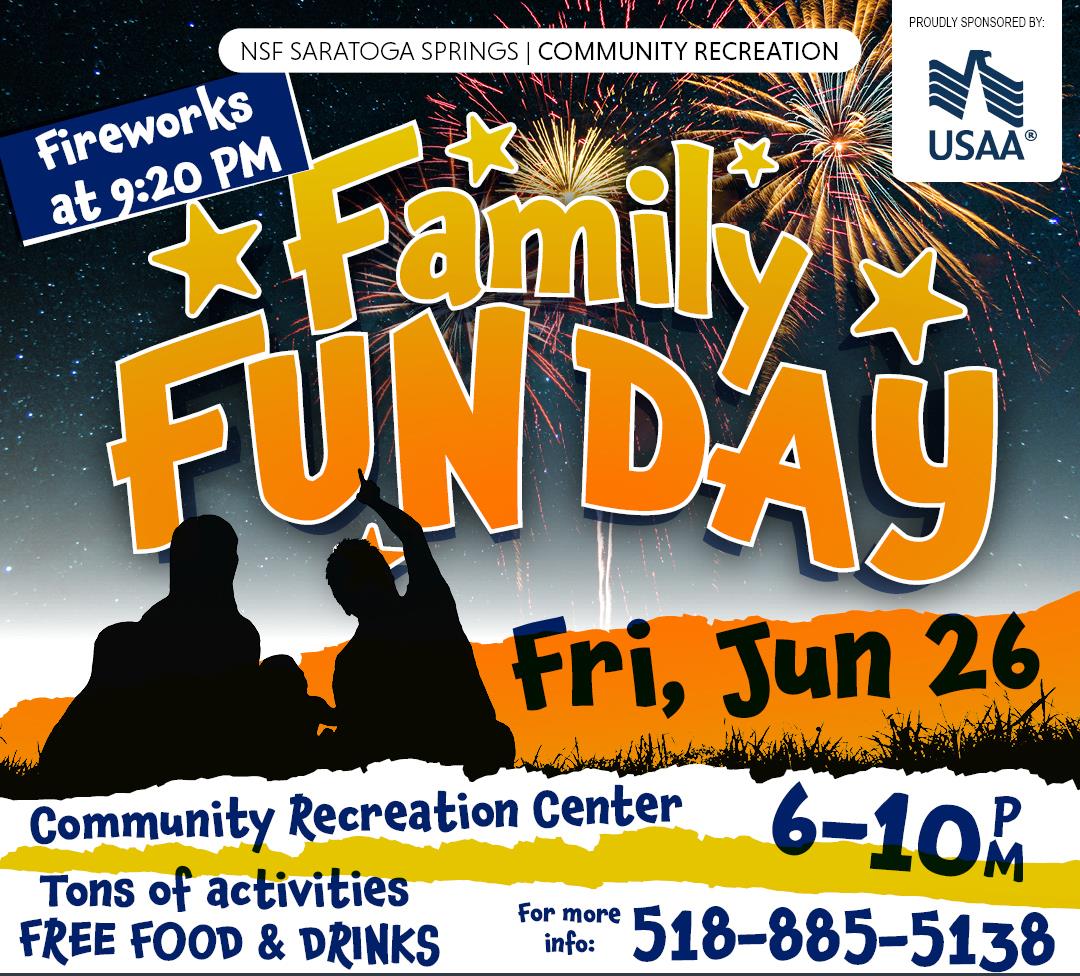 Graphic advertising a family fun day on June 26